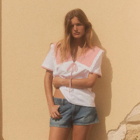 Zara Gingham Check Contrast T-shirt Women's Medium - Picture 7 of 7